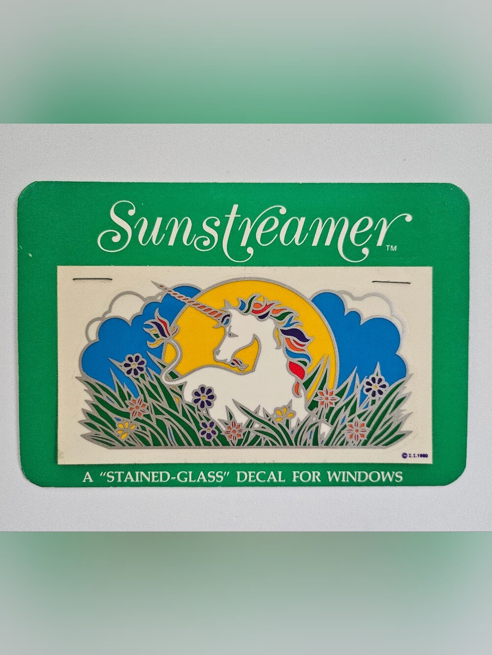 Vintage 1980 Sunstreamer Unicorn Stained Glass Window Decal NOS Rainbow